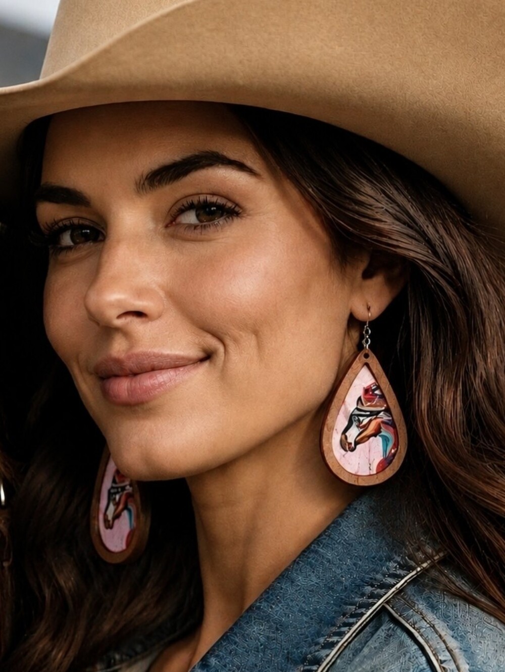 New! Lightweight Woodgrain Teardrop Horse Earrings Western Boho Rainbow Horse